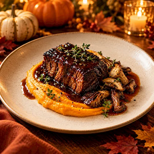 Braised short rib with sweet potato purée and roasted mushrooms