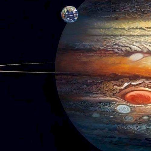 A space scene featuring a large planet with swirling colors, resembling Jupiter, and a small blue orb similar to Earth floating nearby.