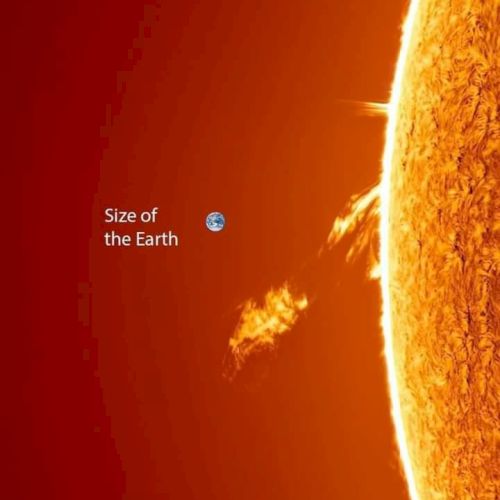 A side view of the Sun with a comparison showing Earth's size, illustrating the vast difference between the two celestial bodies.