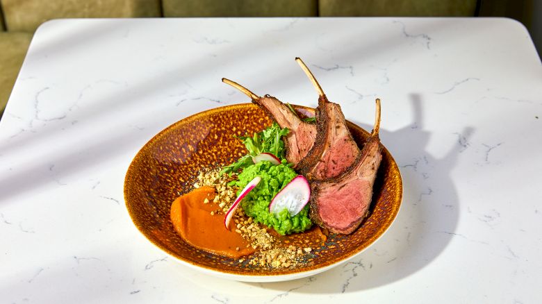 A plate with sliced lamb chops, green puree, radish slices, crushed nuts, and a sauce, set on a marbled table.