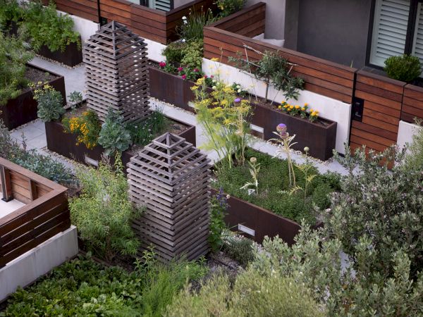 The image shows a rooftop garden with raised wooden planters, lush greenery, herbs, flowers, and wooden lattice structures.