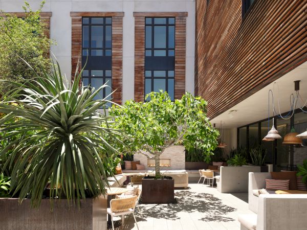 A modern outdoor patio with lush plants, wooden accents, and seating areas. Large windows and hanging lights complete the setting.