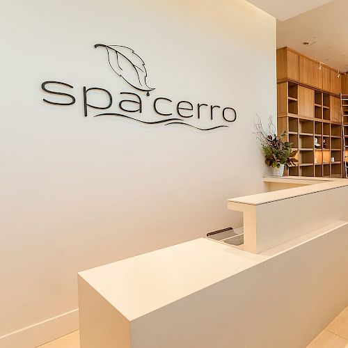 A modern spa reception area with a counter, decorative shelves, and a stylish light fixture.