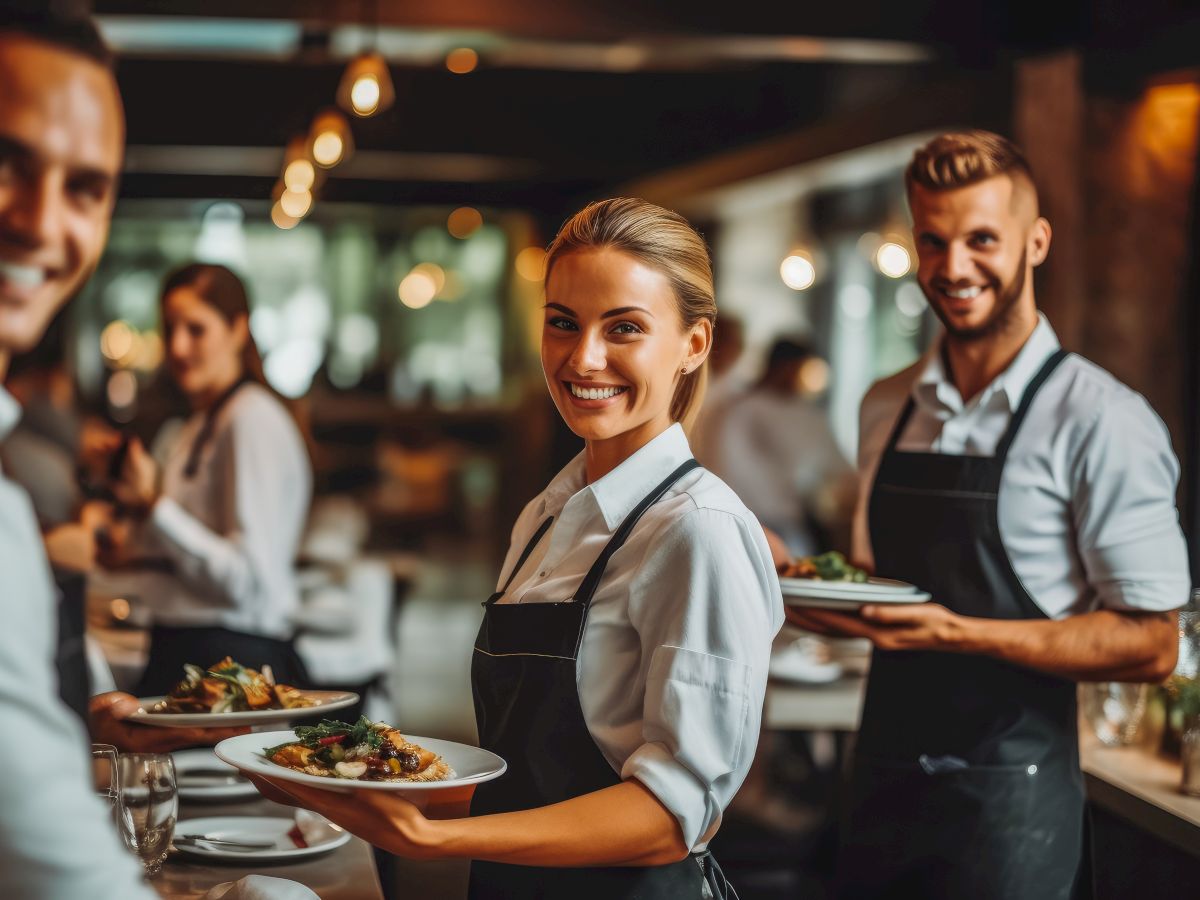 A smiling server in an apron serves plates of food in a busy restaurant, with attendees in the background and warm, inviting lighting.