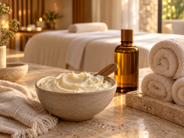 A relaxing spa scene: whipped cream in a bowl, a wood spoon, an amber oil bottle, and folded towels near a bed.