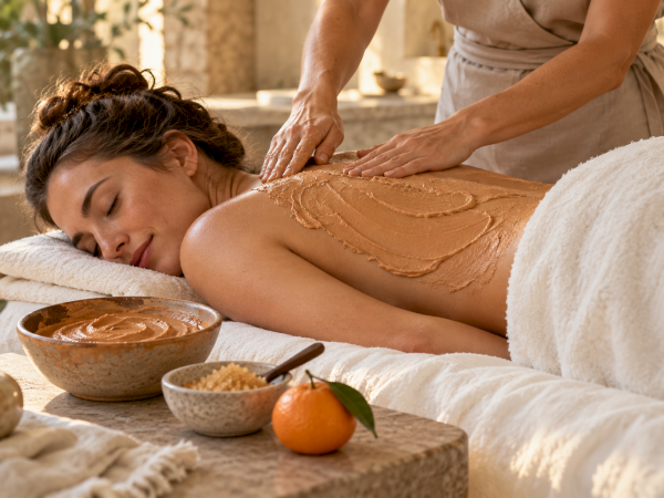 A therapist massages a woman with warm body butter while bowls of cream and citrus sit nearby on a table.